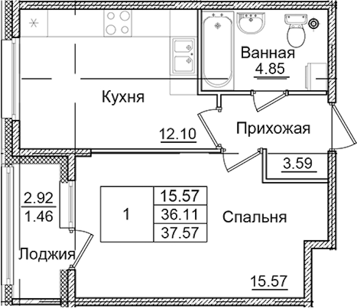 1-комнатная квартира 37.57 м², 2/9 эт., ЖК «Квартал Заречье»